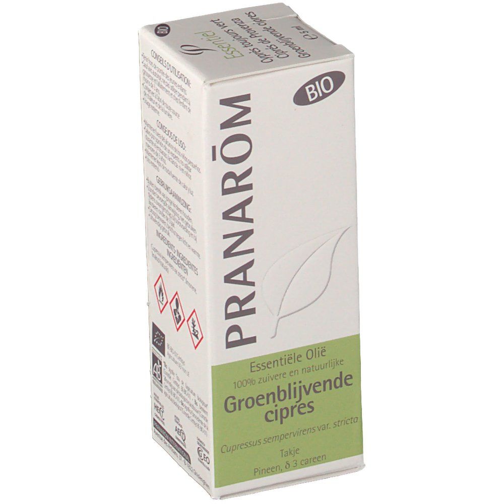 Kartonverpackung mit Produktnamen und Bio-Siegel. Text in Niederländisch und Französisch. Grüne Schrift auf weißem Grund.