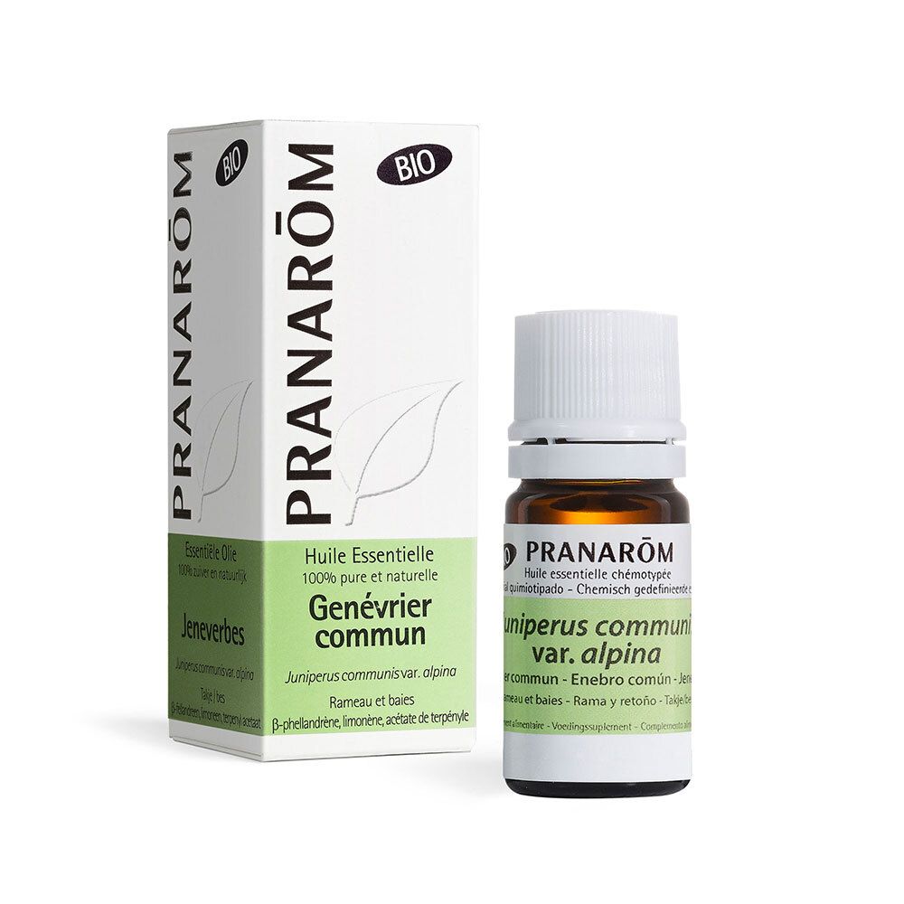 Flacon en verre brun et bouchon blanc, avec boîte. Inscription: PRANAROM, BIO. Genévrier commun, Huile Essentielle.