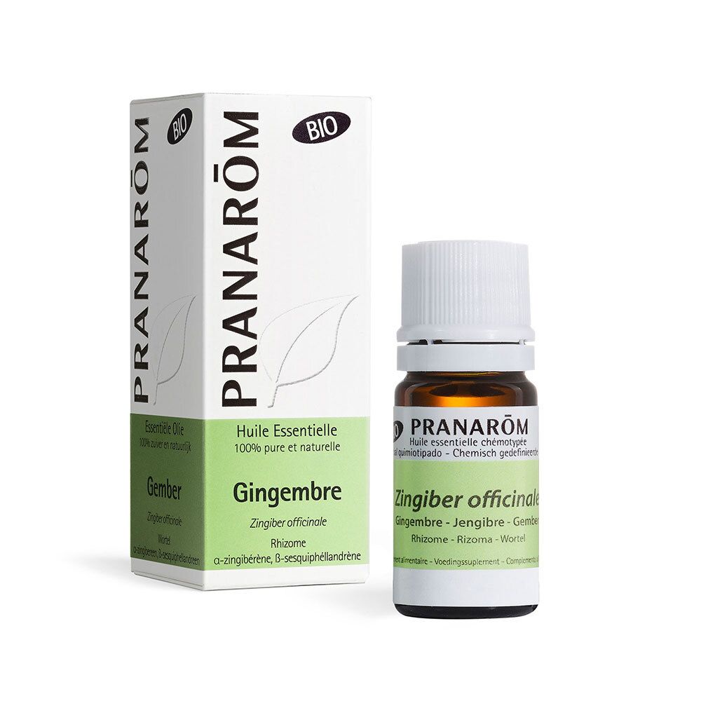 Boîte et flacon. Marque : Pranarôm. Huile essentielle de gingembre. Certification BIO.