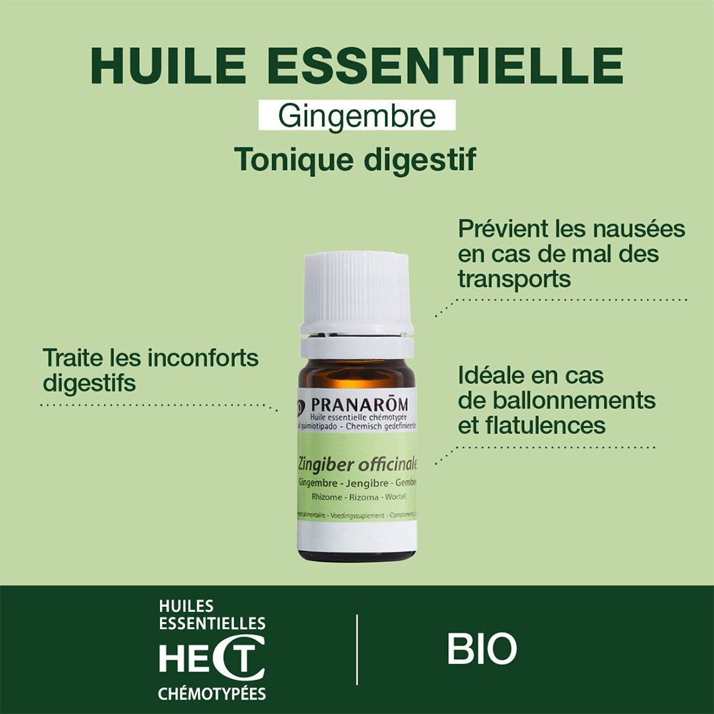 Boîte et flacon. Marque : Pranarôm. Huile essentielle de gingembre. Certification BIO.