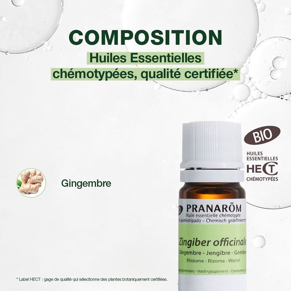 Boîte et flacon. Marque : Pranarôm. Huile essentielle de gingembre. Certification BIO.