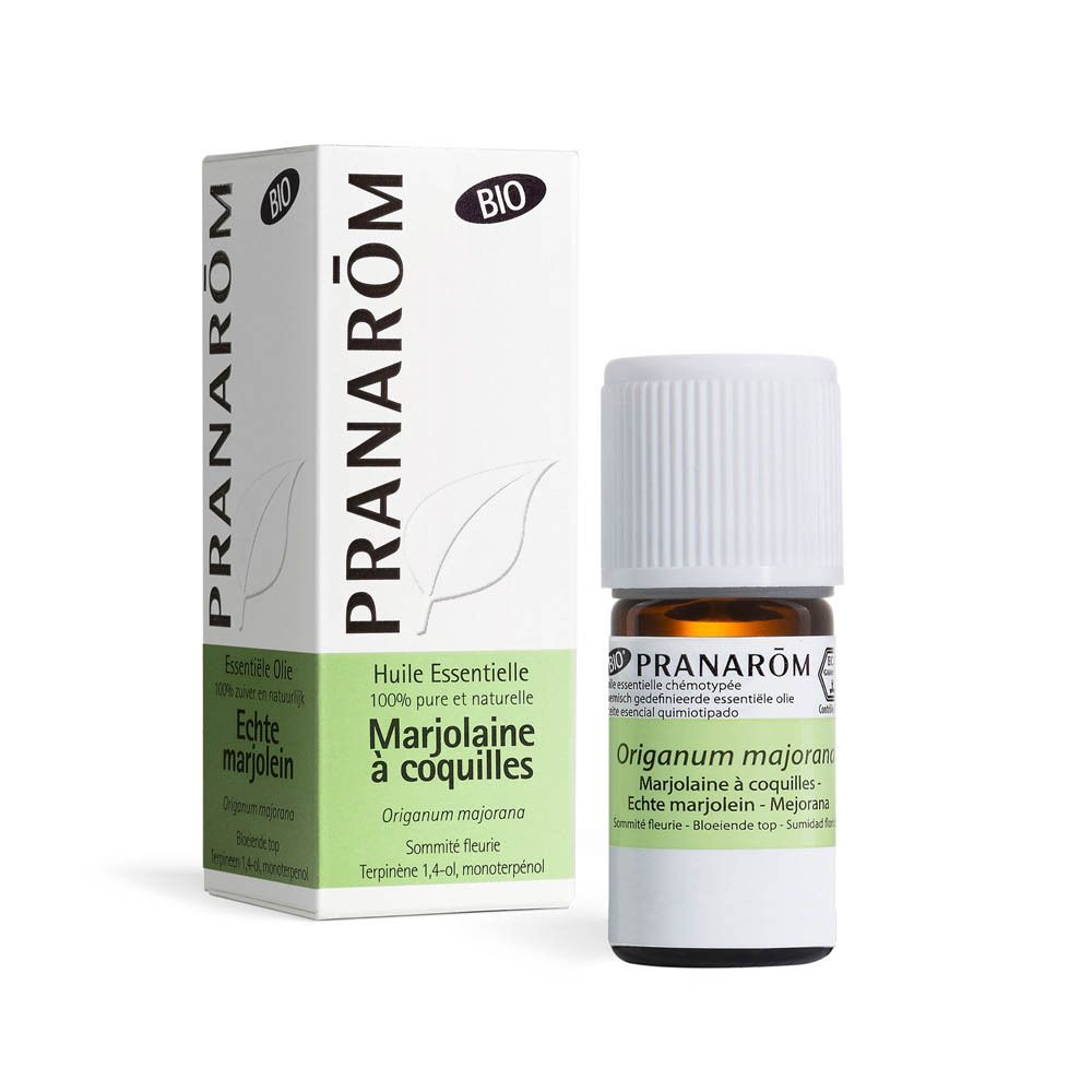 Produktverpackung und Flasche. Verpackung: PRANAROM, Marjolaine à coquilles, Bio. Flasche: Orig. majorana.