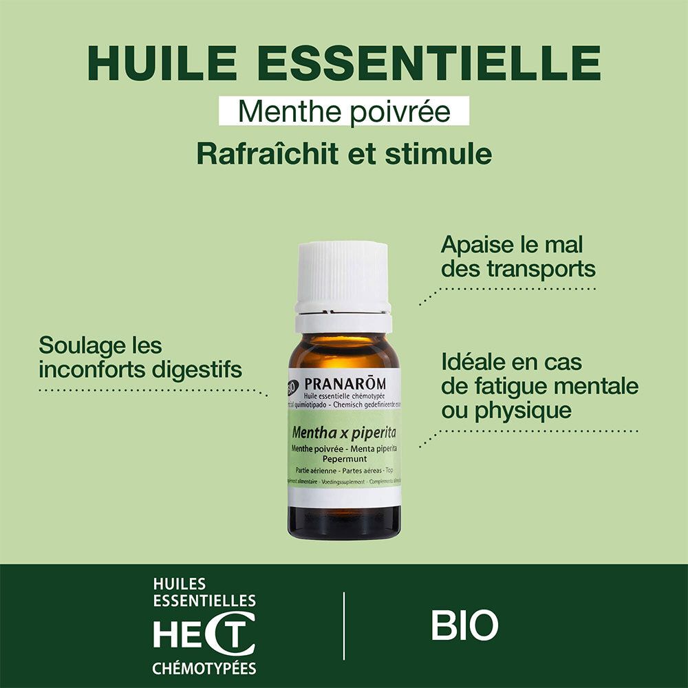 Visuel publicitaire avec huile de menthe poivrée. Texte: Huile Essentielle Menthe poivrée. Bio.