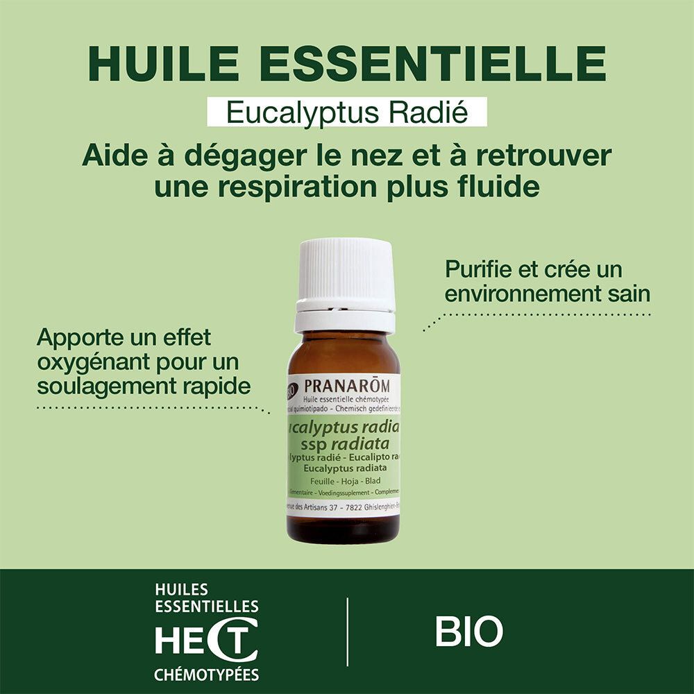 Braune Glasflasche. Aufschrift: PRANAROM, Eucalyptus Radié. Text über die Vorteile. BIO-Zertifizierung.