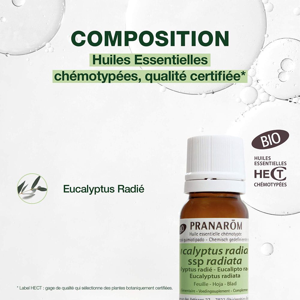Braune Glasflasche. Aufschrift: PRANAROM, Eucalyptus Radié. BIO-Zertifizierung. Text über Zusammensetzung.