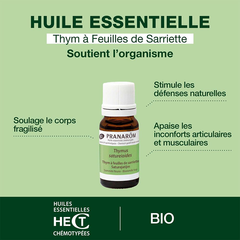 Grüner Hintergrund mit Flasche. Text: Huile essentielle, Thym à Feuilles de Sarriette, Soutient l'organisme.