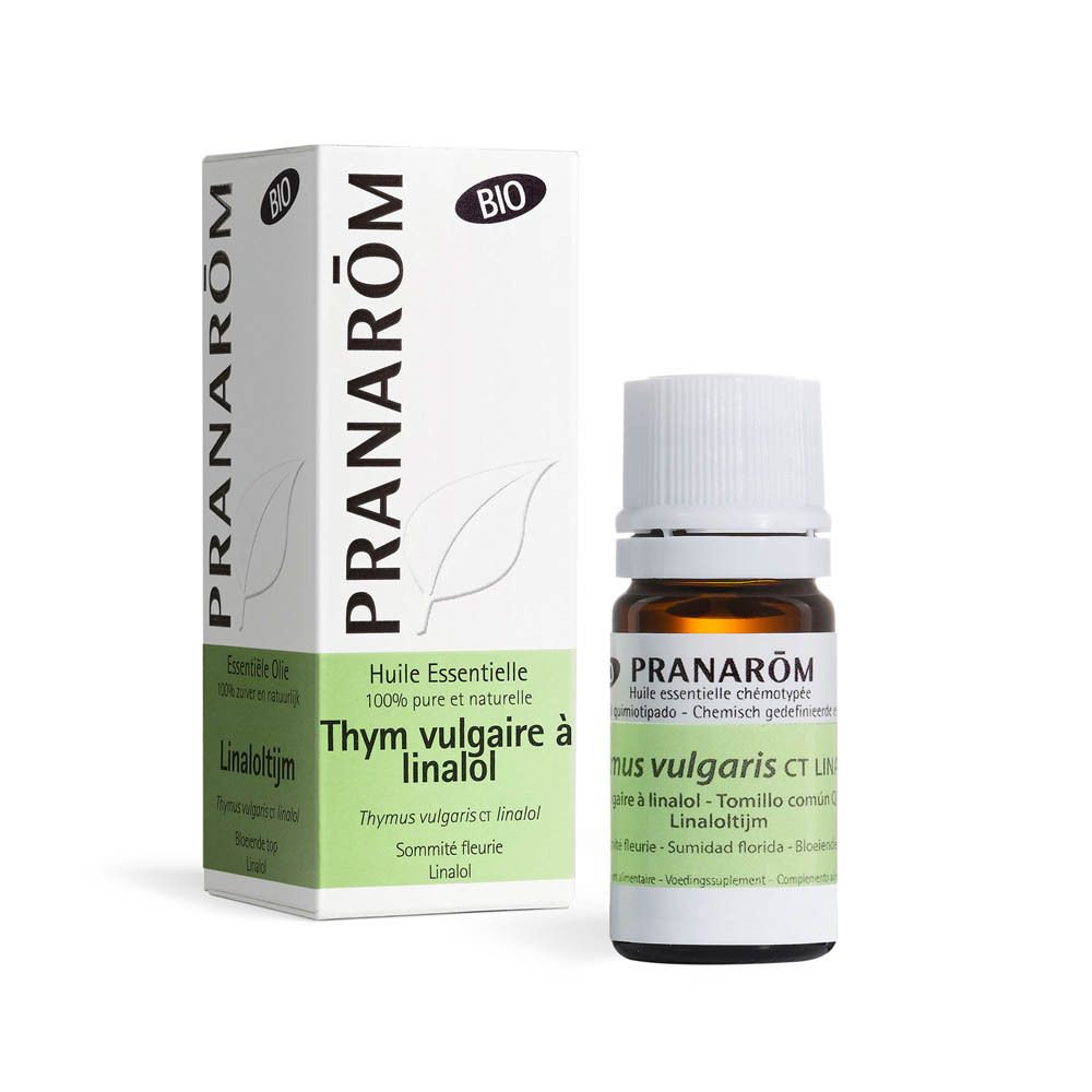 Flacon en verre brun et boîte avec nom du produit. Inscription : PRANAROM Thymian Linalool. Certification Bio.