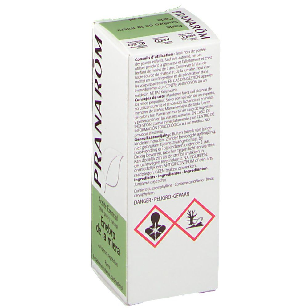 Dos de la boîte PRANAROM Cade. Texte multilingue. Symboles de danger. Ingrédients. Enbre de la mièra.