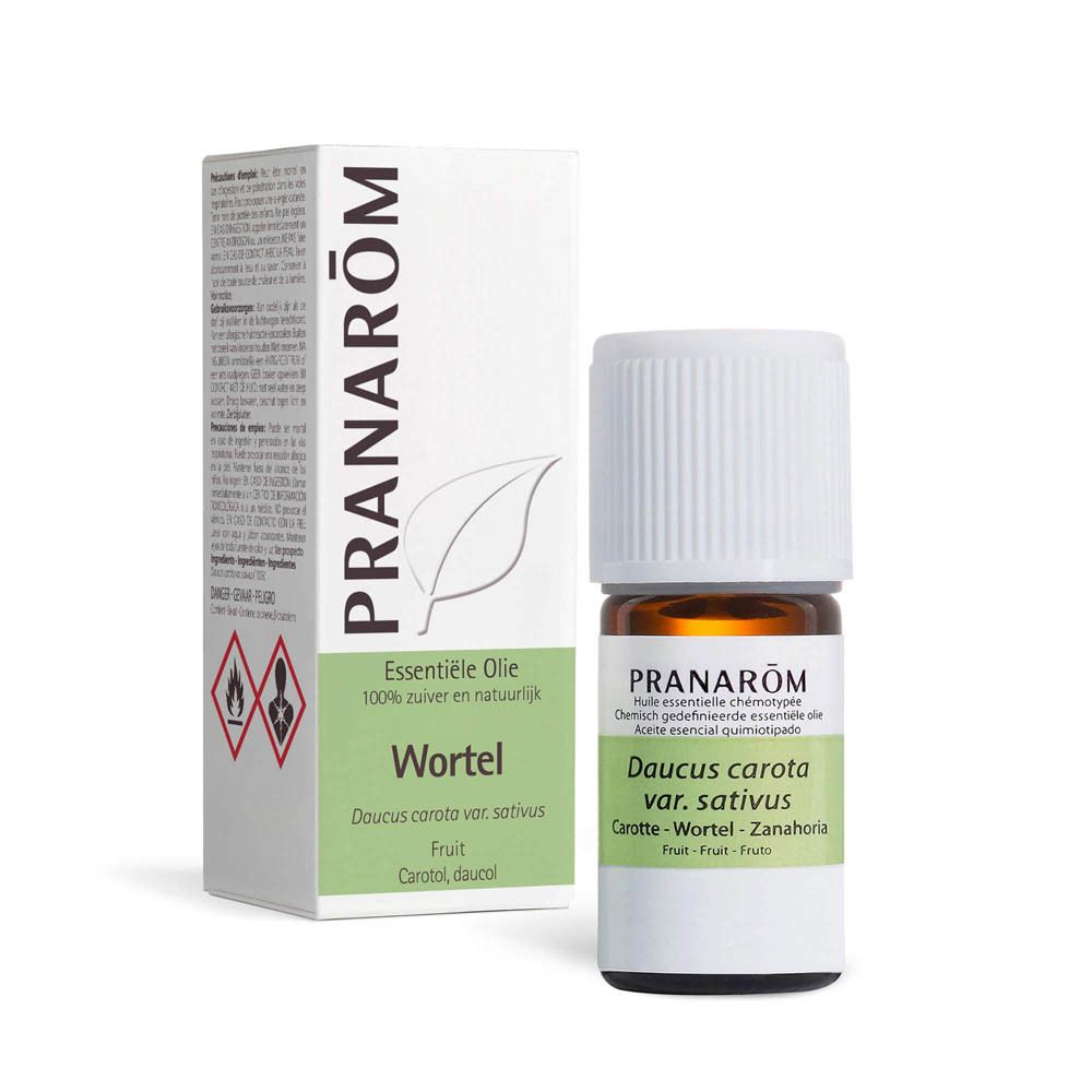 Bouteille en verre brun et boîte. Inscription: PRANARÔM, Wortel, 5 ml. Produit et emballage.