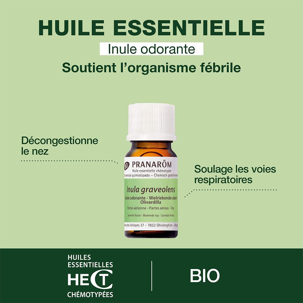 Produktflasche mit Text: Huile Essentielle, Inule odorante. Unterstützt den Körper bei Fieber.