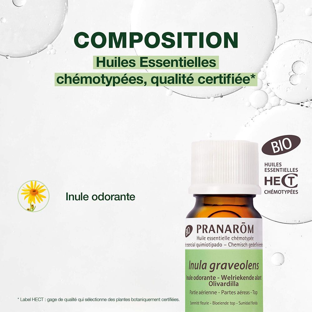 Produktflasche mit Text: Inule odorante. Zertifizierte Qualität. BIO-Zertifizierung.