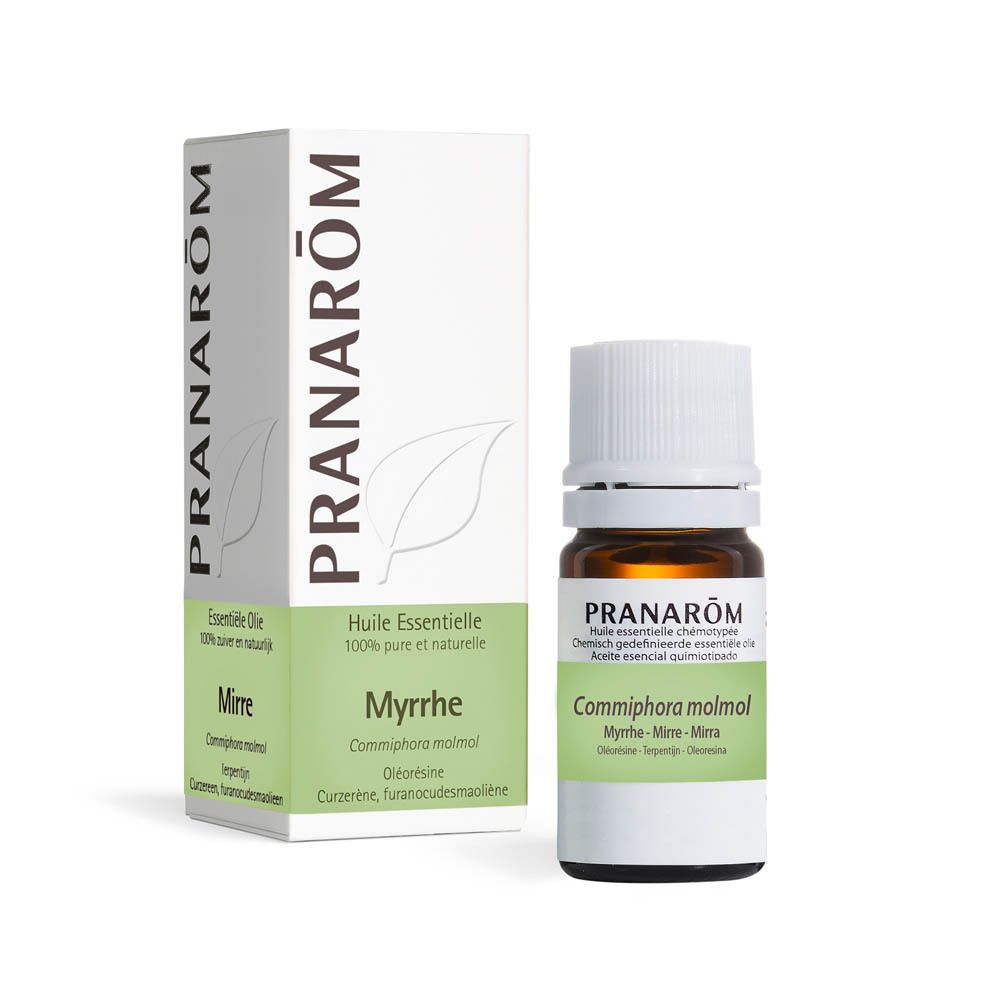 Produktflasche und Verpackung. Flasche braun, weißer Deckel. Verpackung weiß/grün, Produktname und Marke PRANAROM.