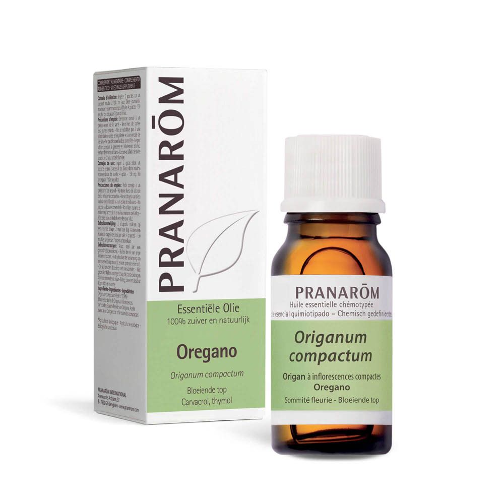 Braune Glasflasche mit weißem Deckel und Schachtel. Auf der Schachtel steht 'PRANAROM' und 'Oregano'.