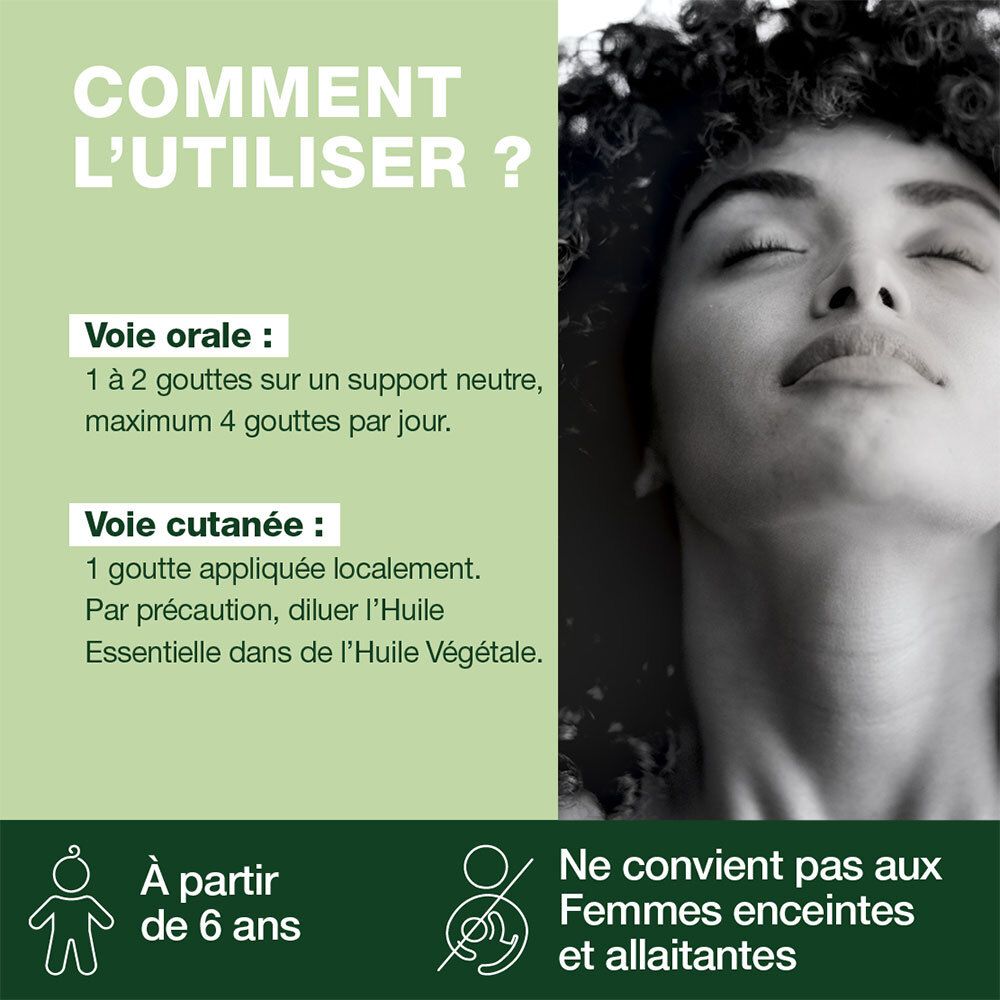 Flacon en verre brun, bouchon blanc. Étiquette avec nom et marque. 5ml. Numéro de lot.
