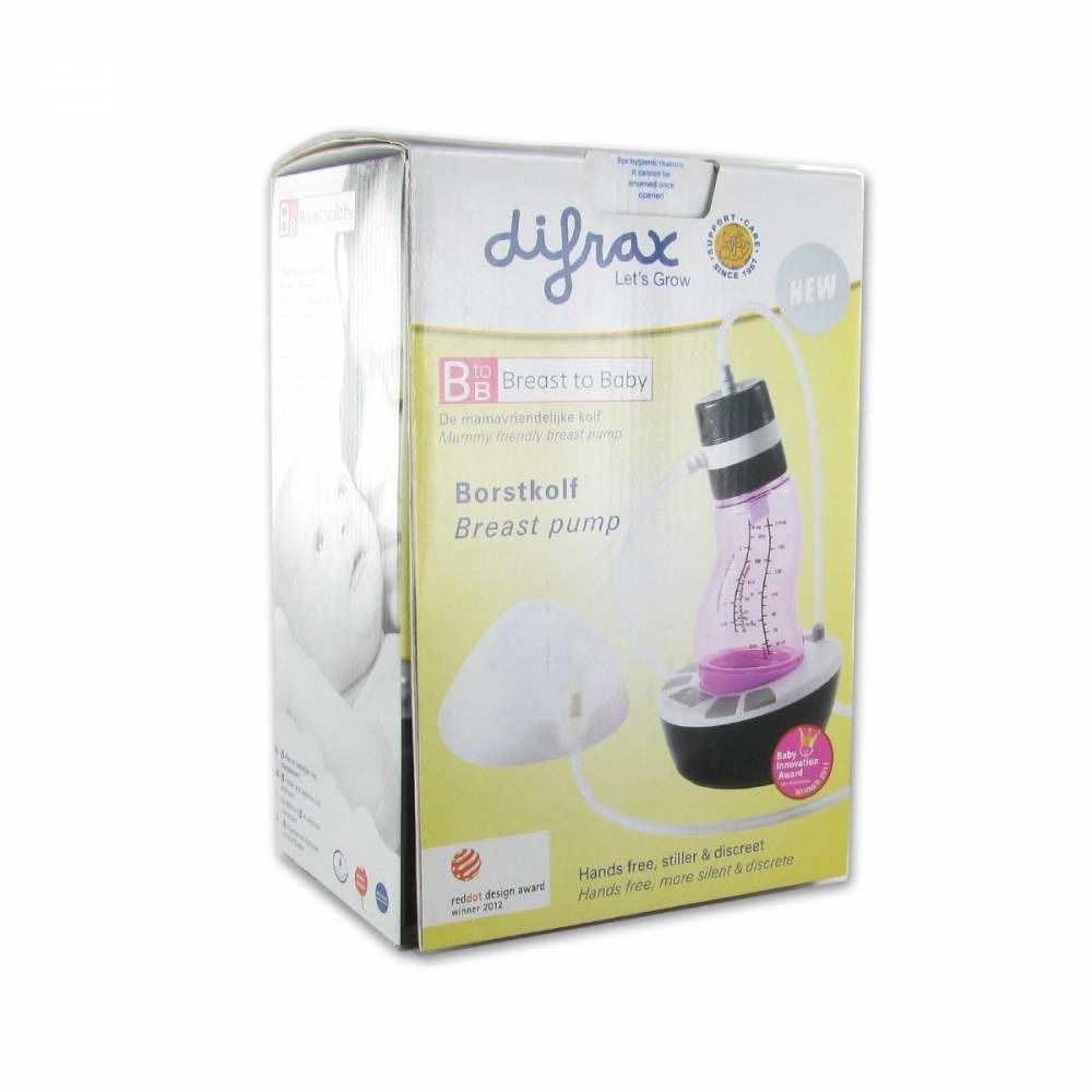 Boîte de tire-lait difrax. Inscription: Brustkolf, Breast pump. Comprend accessoires et certifications.
