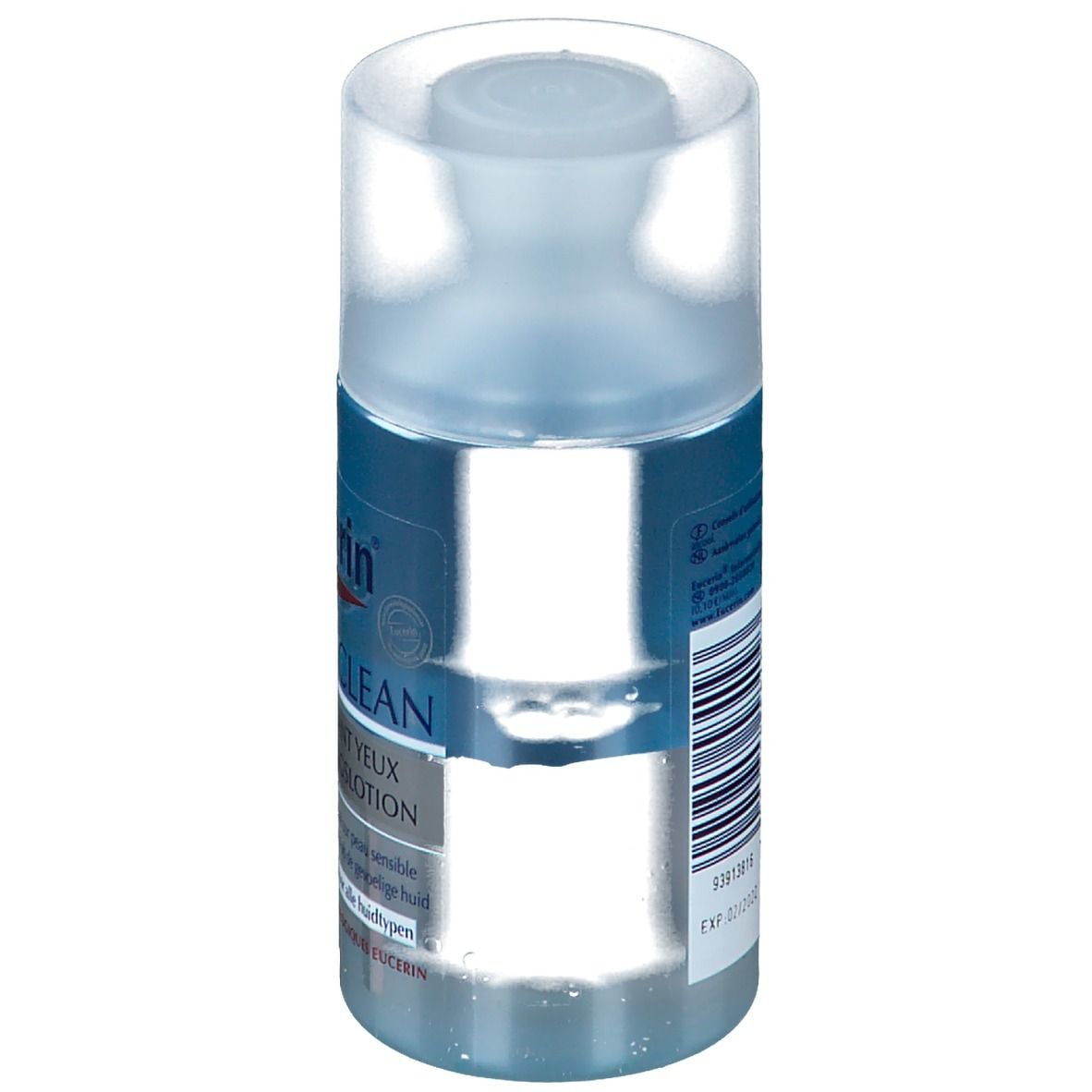 Flacon cylindrique avec étiquette bleue. Eucerin DermatoCLEAN démaquillant yeux. Bouchon transparent. Code-barres.