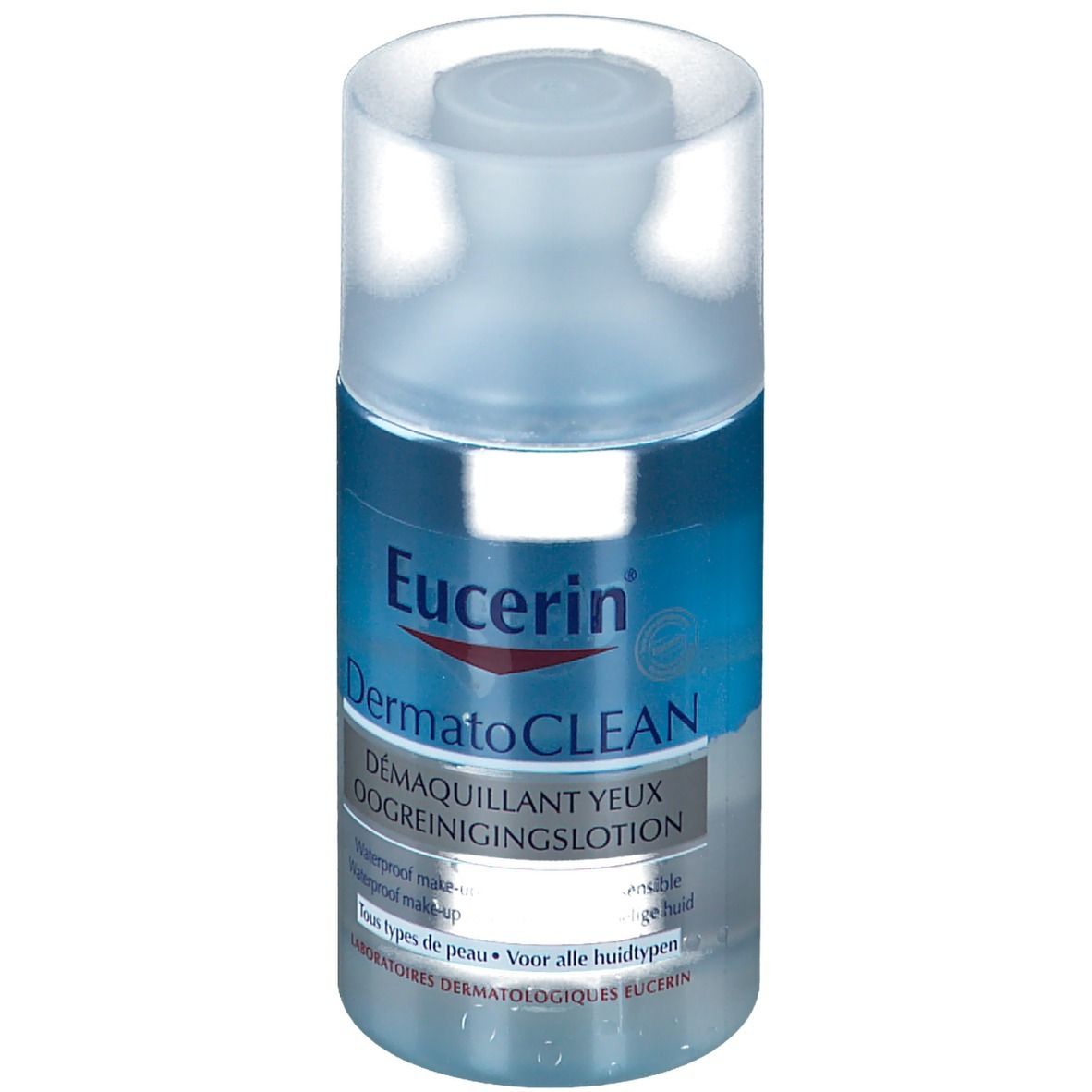 Flacon cylindrique avec étiquette bleue. Eucerin DermatoCLEAN Démaquillant yeux. Bouchon transparent.