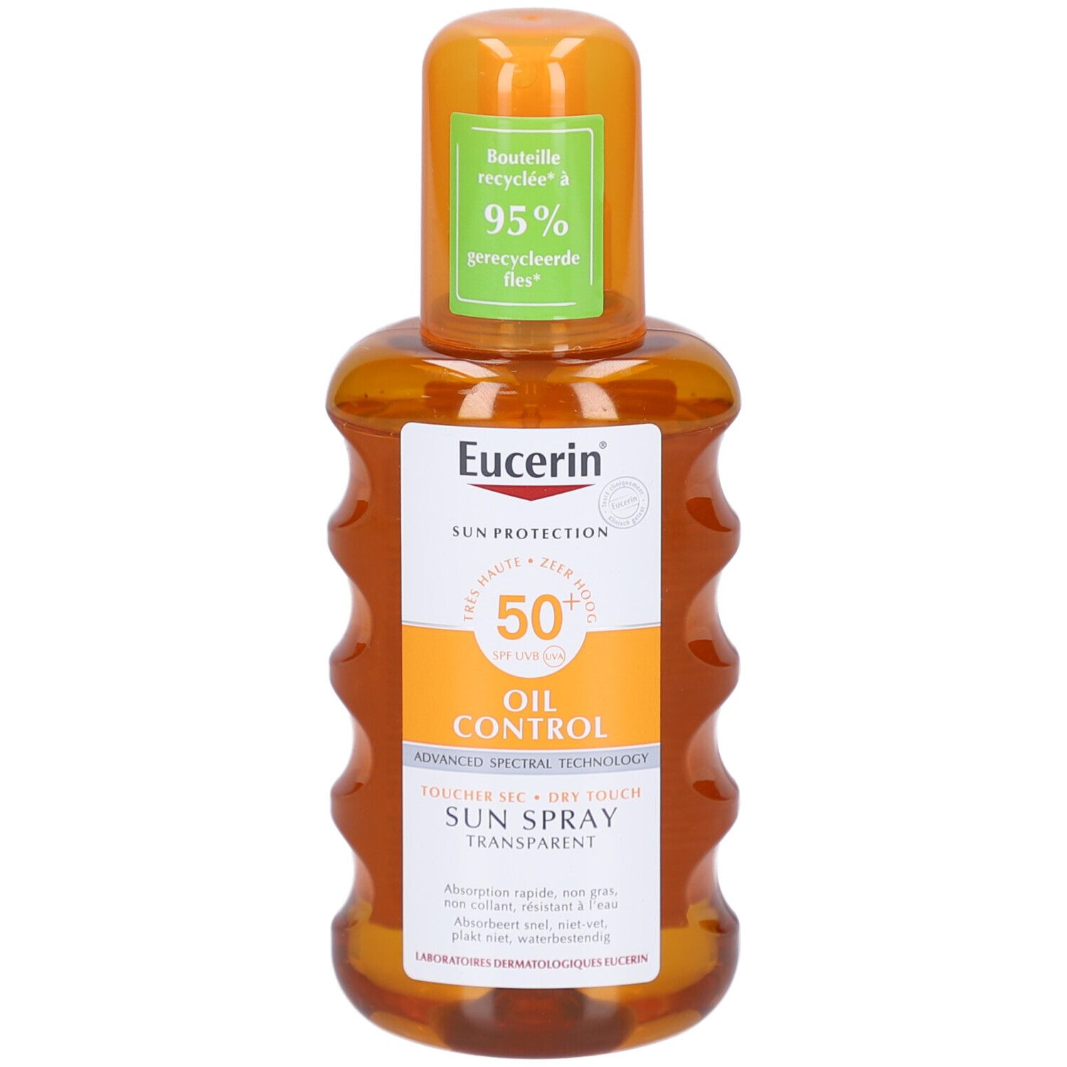 Eucerin Sun Spray Transparent LSF 50, Flasche. Orangefarbene Flasche mit Sprühkopf. Aufschrift: Oil Control, Sun Spray Transparent.