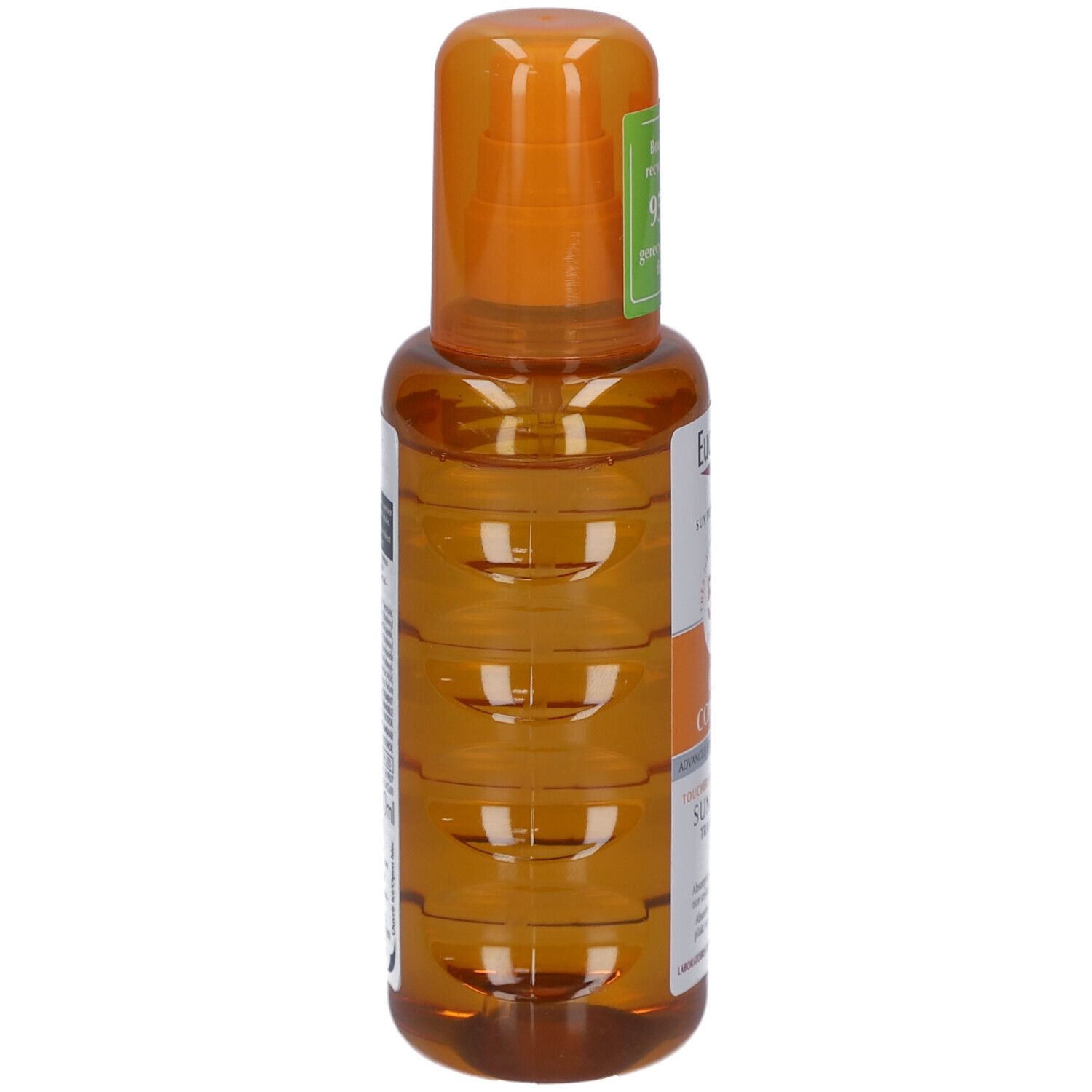 Eucerin Sun Spray Transparent LSF 50, Seitenansicht. Orangefarbene Flasche mit Sprühkopf. Aufschrift: Sun Spray Transparent.