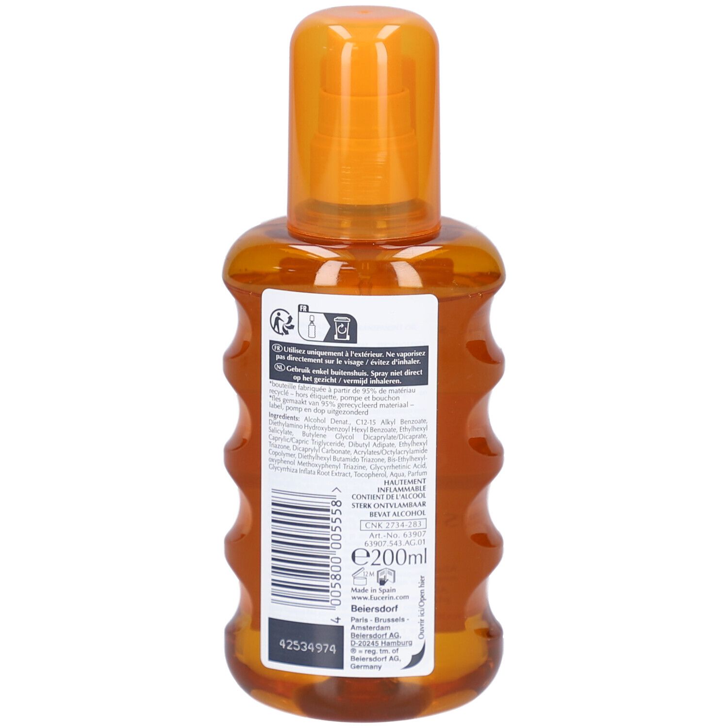 Eucerin Sun Spray Transparent LSF 50, Rückseite. Orangefarbene Flasche mit Text und Barcode. Aufschrift: Eucerin, e200ml.