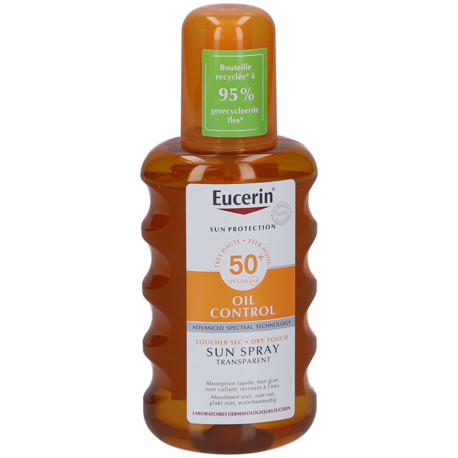 Eucerin Sun Spray Transparent LSF 50, Flasche. Orangefarbene Flasche mit Sprühkopf. Aufschrift: Oil Control, Sun Spray Transparent.