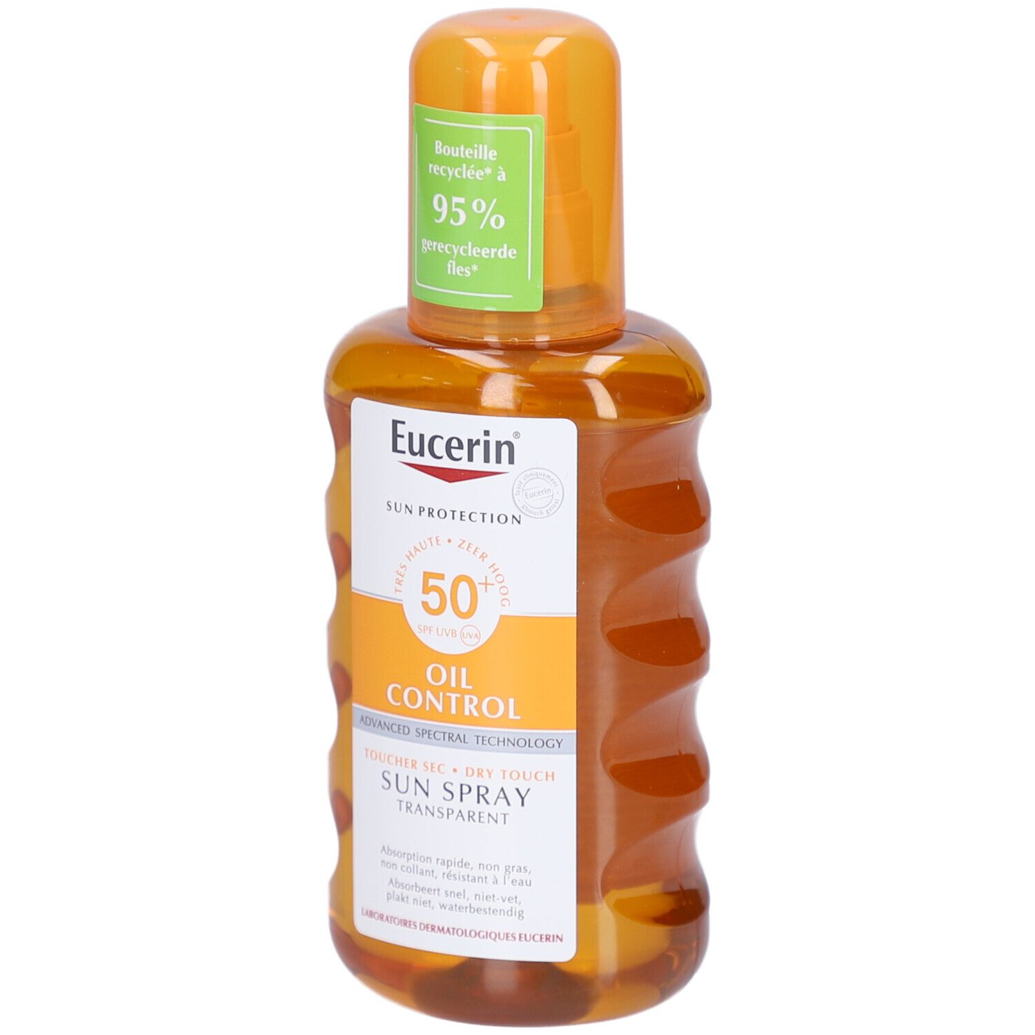 Eucerin Sun Spray Transparent LSF 50, Flasche. Orangefarbene Flasche mit Sprühkopf. Aufschrift: Oil Control, Sun Spray Transparent.