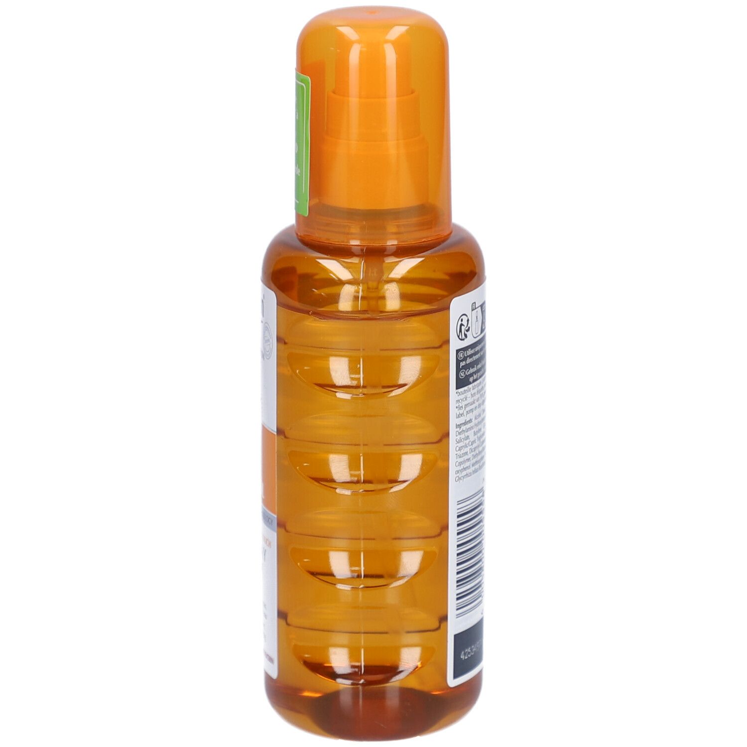 Eucerin Sun Spray Transparent LSF 50, Seitenansicht. Orangefarbene Flasche mit Sprühkopf. Aufschrift: Sun Spray Transparent.