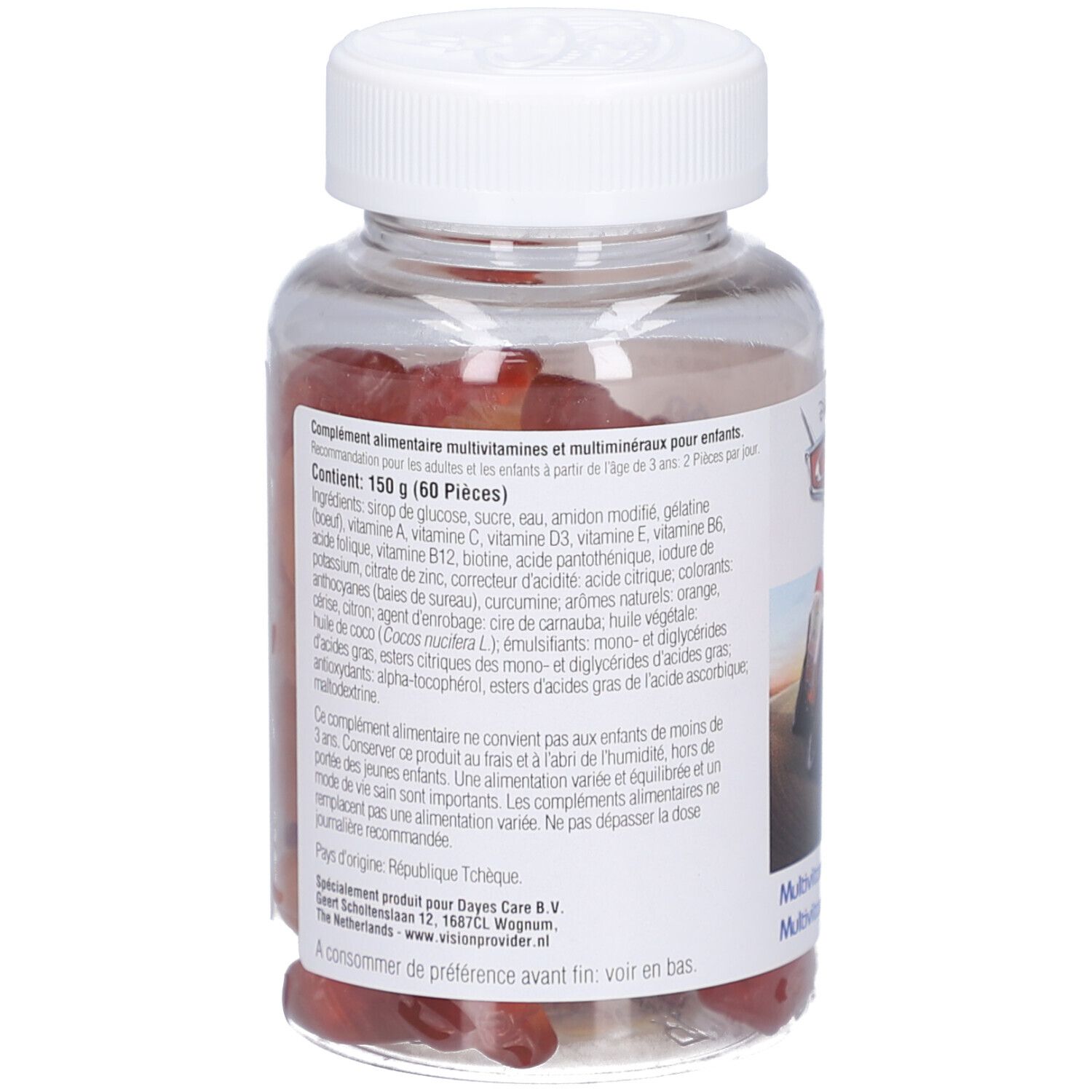 Dos d'un flacon transparent avec bonbons gélifiés rouges. Contient des informations sur les ingrédients et la valeur nutritionnelle.