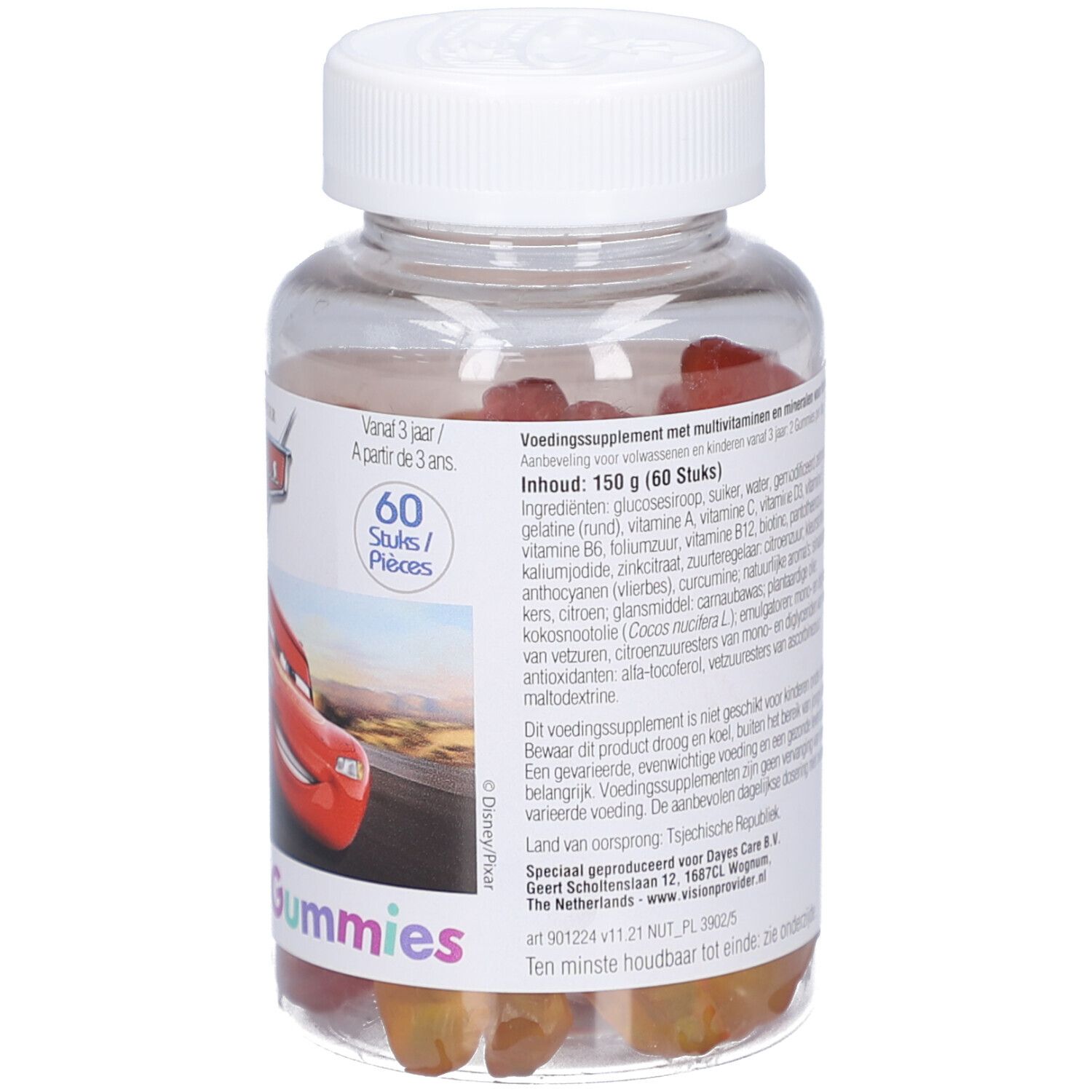 Flacon transparent avec bonbons gélifiés rouges. Inscription : Disney Pixar Cars, Multivitamines Gummies. 60 pièces.