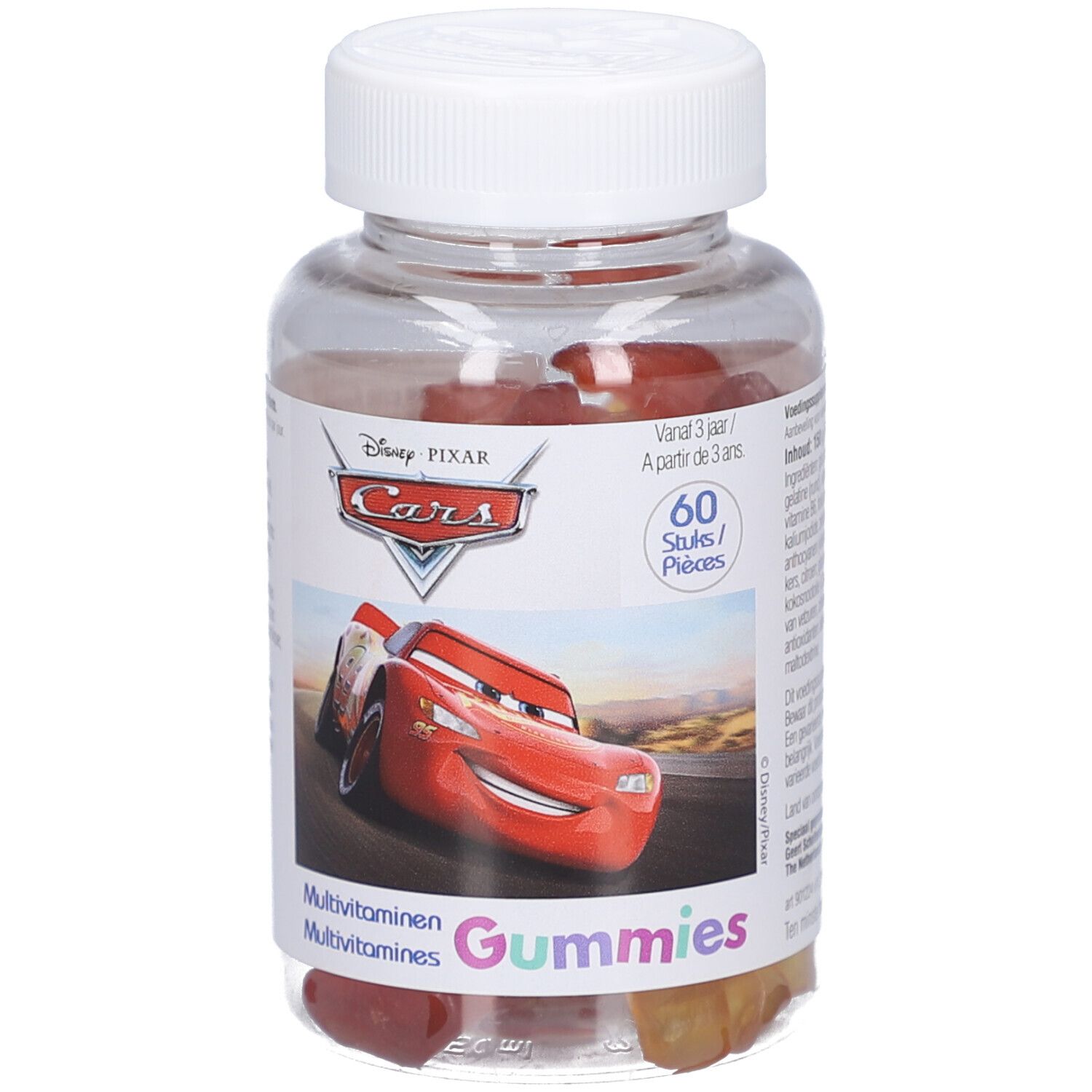 Flacon transparent avec bonbons gélifiés rouges. Inscription : Disney Pixar Cars, Multivitamines Gummies. 60 pièces.