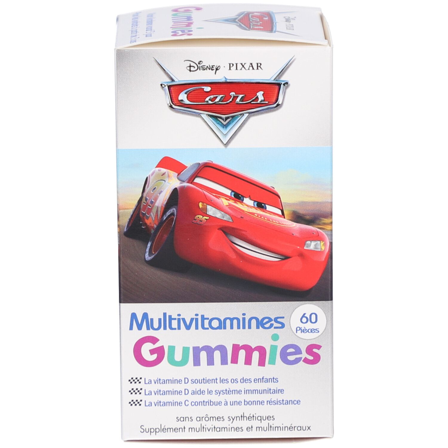 Boîte en carton avec motif Disney Cars. Inscription : Multivitamines Gummies. 60 pièces. Contient de la vitamine D et C.