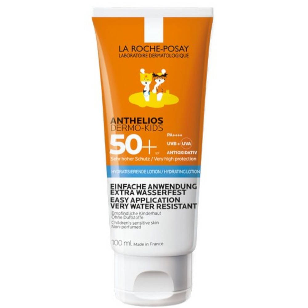 Sonnencreme-Tube für Kinder. Orange-weißes Design. Aufschrift: Anthelios Dermo-Kids 50+. Extra wasserfest. Hydratisierende Lotion.