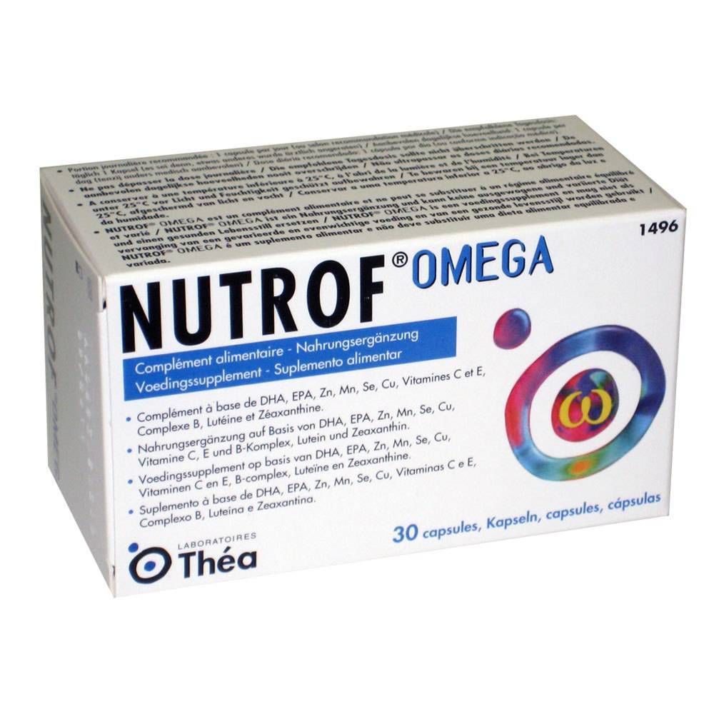 Nahrungsergänzungsmittel Nutrof Omega in weißer Schachtel. Enthält 30 Kapseln. Blaue und rote Designelemente.