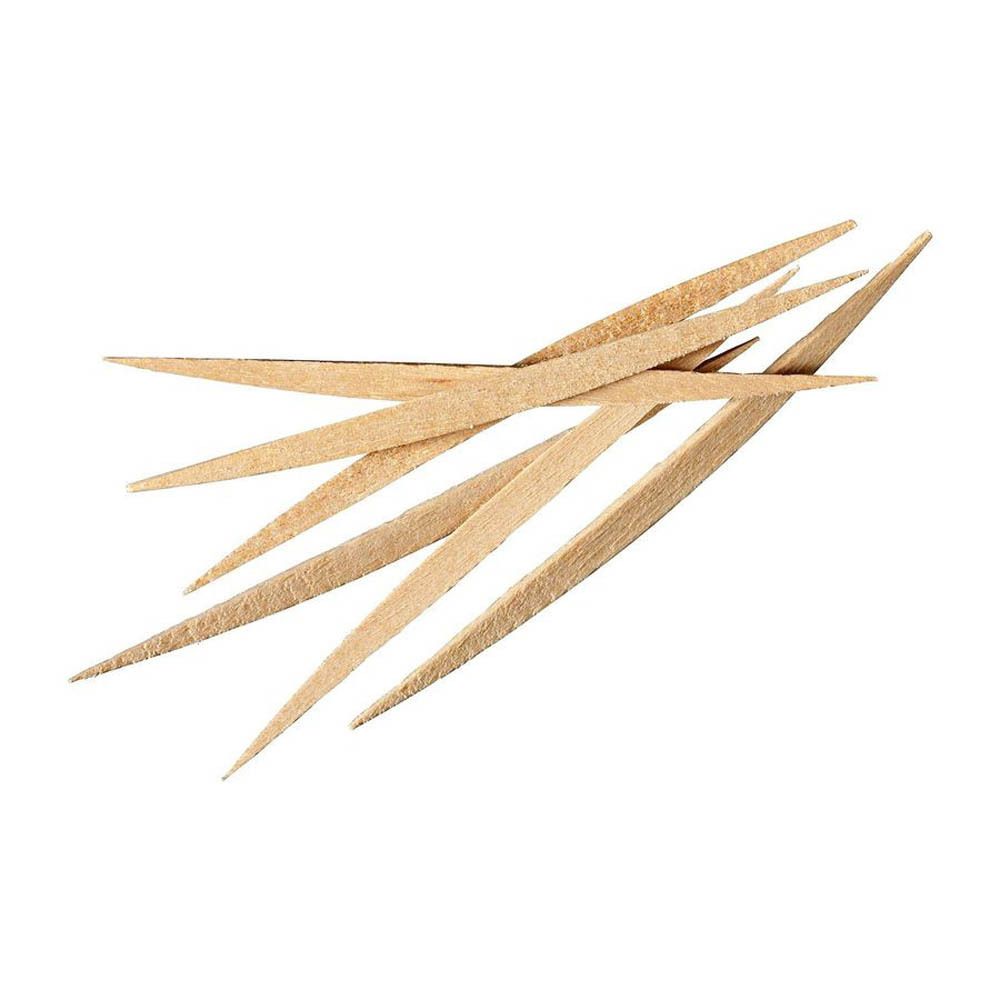 Mehrere Holz-Zahnstocher. Spitze Form. Natürliche Farbe.