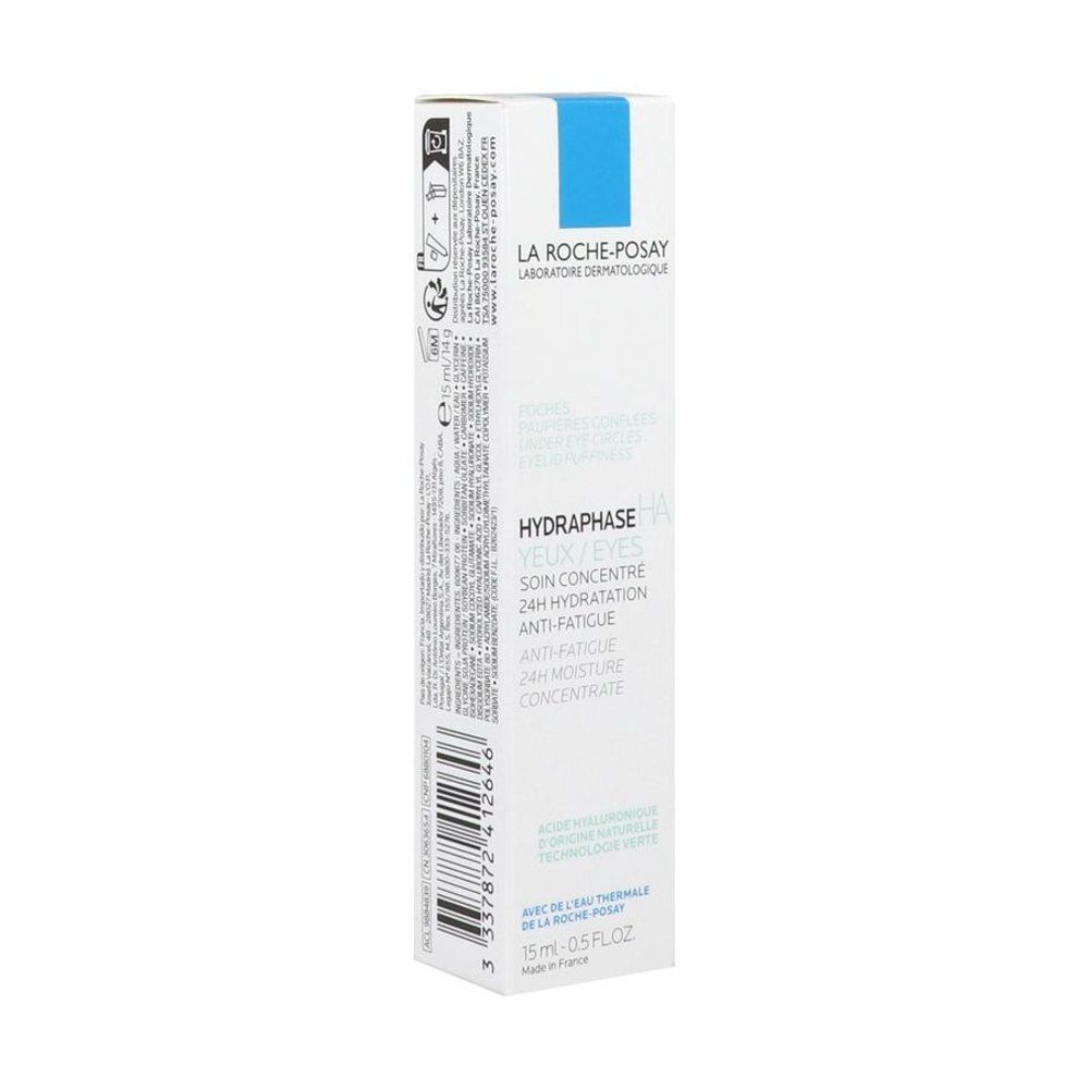 Emballage du produit. Texte: La Roche-Posay, Hydraphase Yeux, 24H Hydratation, Anti-fatigue, 24H Moisture, 15ml/0.5FL.OZ.