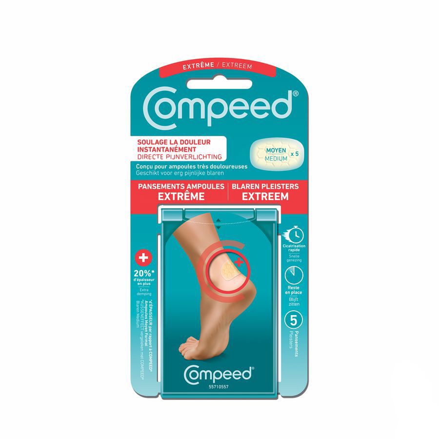 Emballage Compeed® Blasenpflaster Extreme Medium. Pied avec ampoule, application de pansement et informations produit.