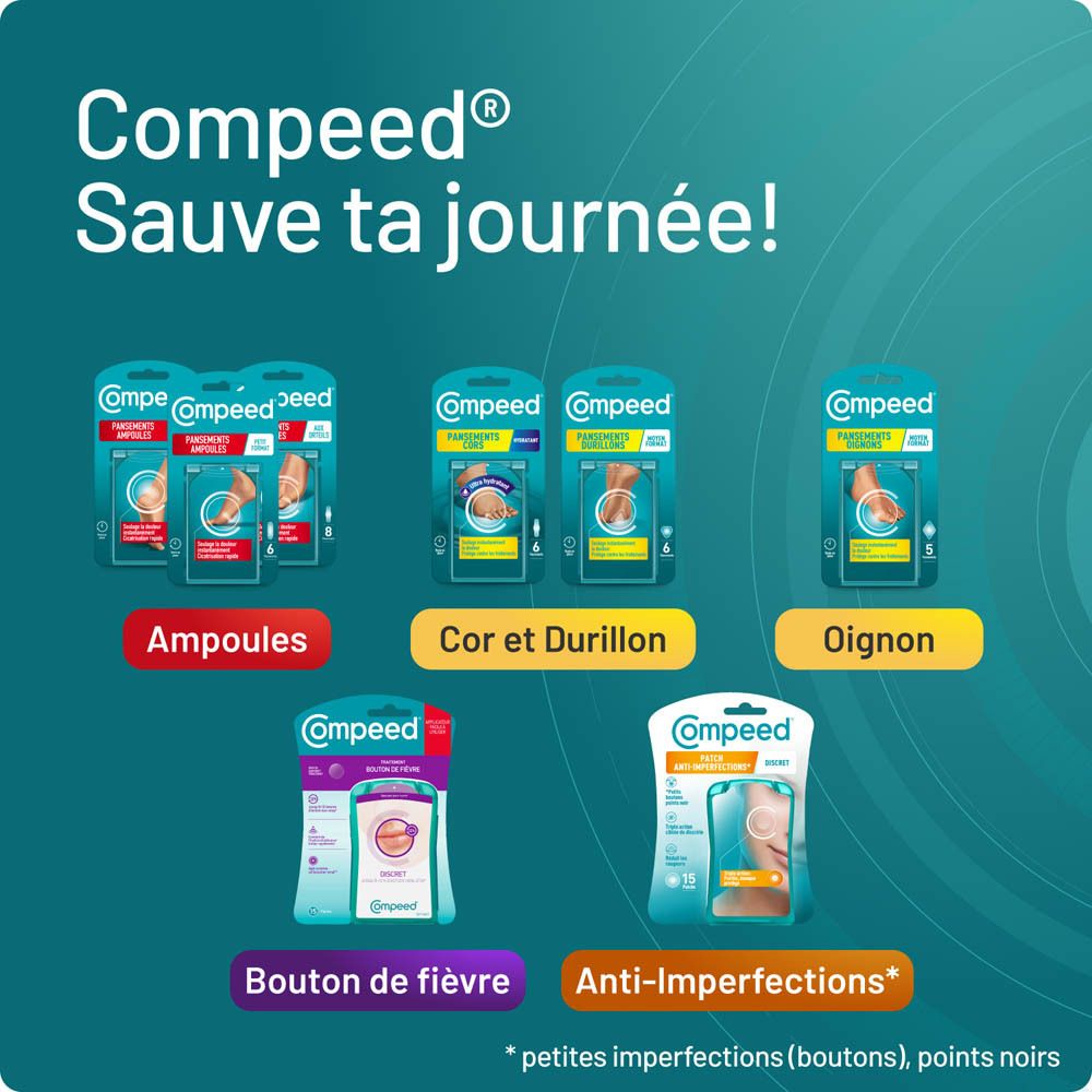 Gamme de produits Compeed®. Texte: Compeed® Sauve ta journée!