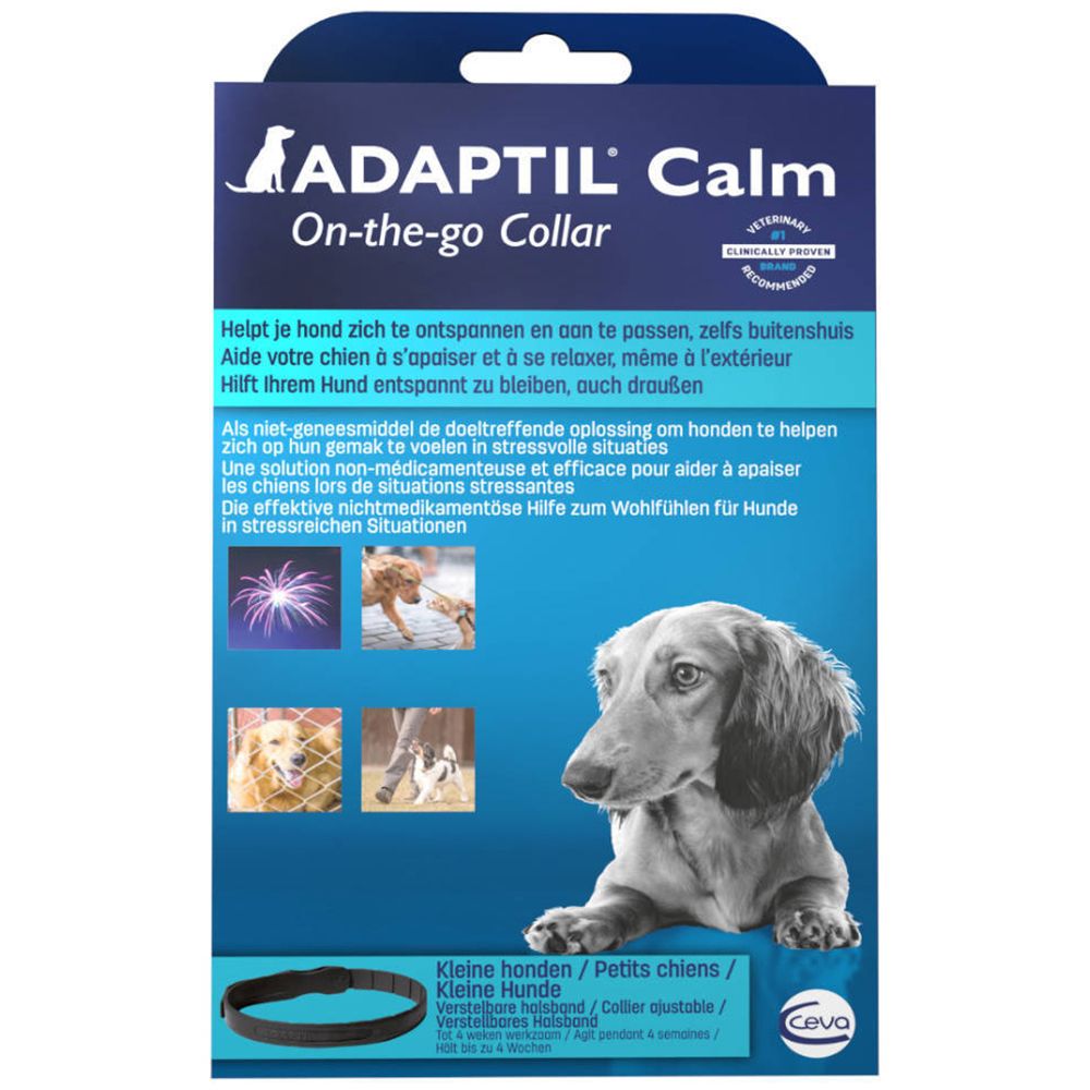 Blau-weiße Verpackung mit ADAPTIL Calm On-the-go Collar. Abgebildet ist ein Hund. Text: Hilft Hunden, sich zu entspannen.