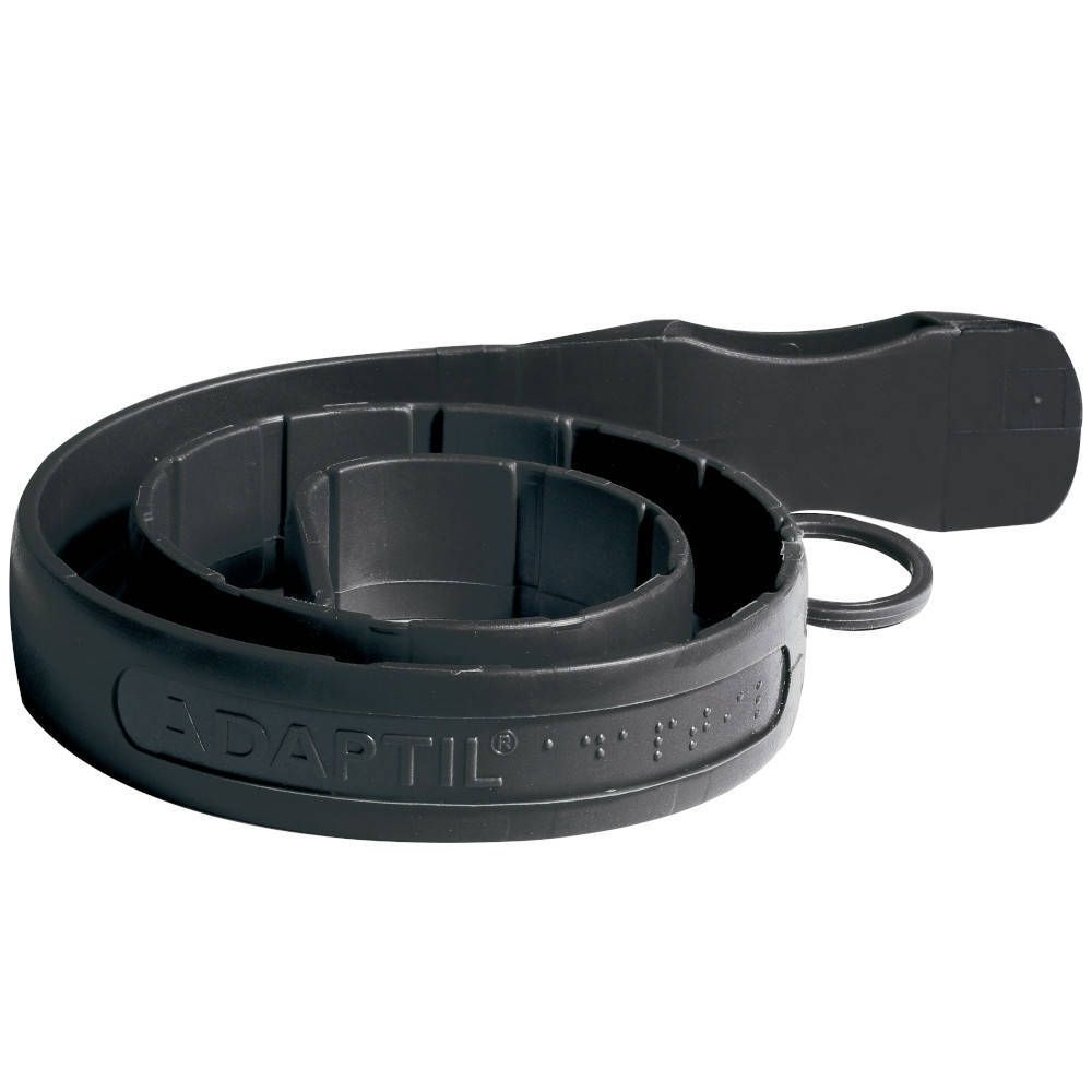 Schwarzer ADAPTIL Calm Halsband. Aufgerollt. Mit ADAPTIL-Logo. Schwarzes Kunststoffmaterial.