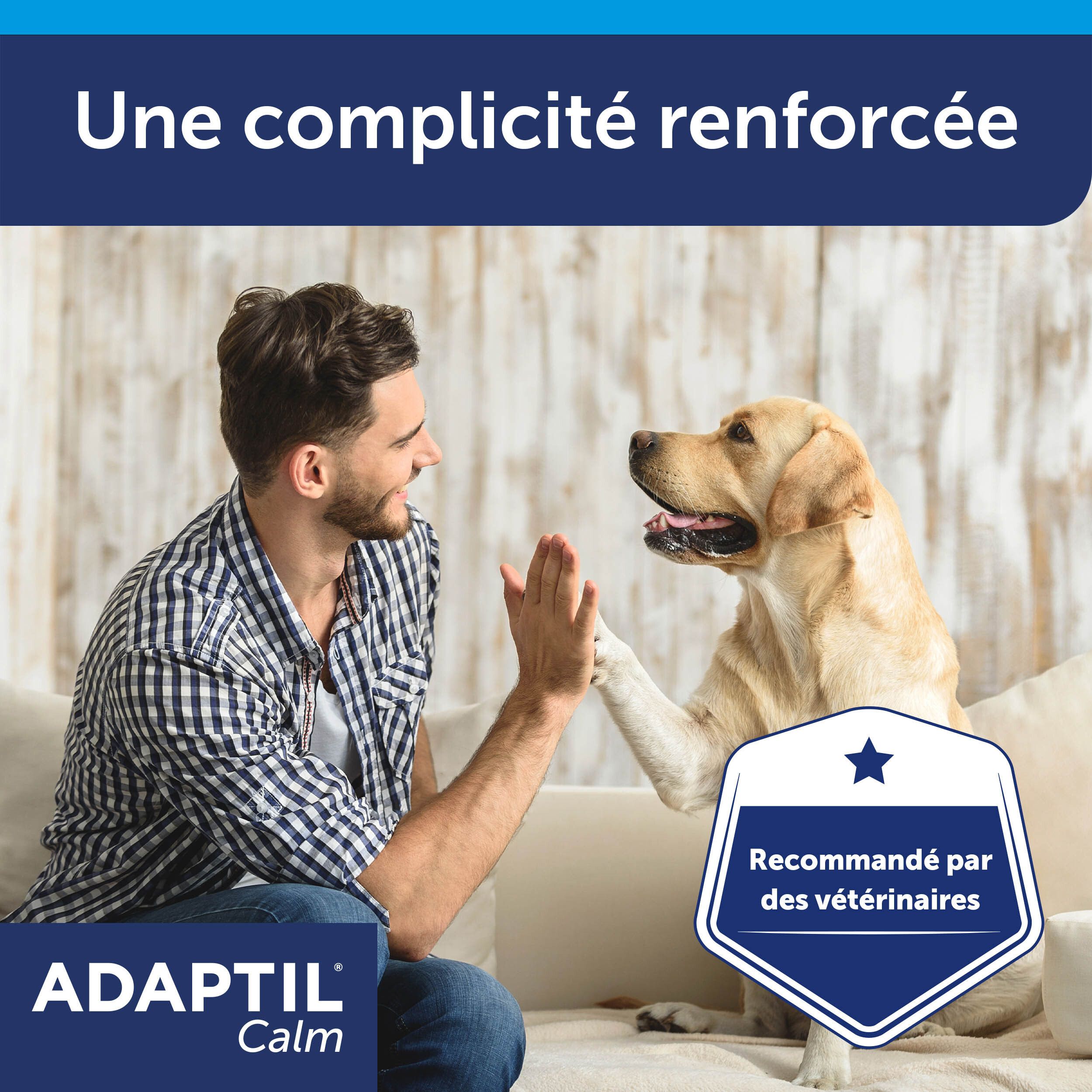 Homme et chien se font un high five. Texte: Complicité renforcée. Vétérinaires recommandés.