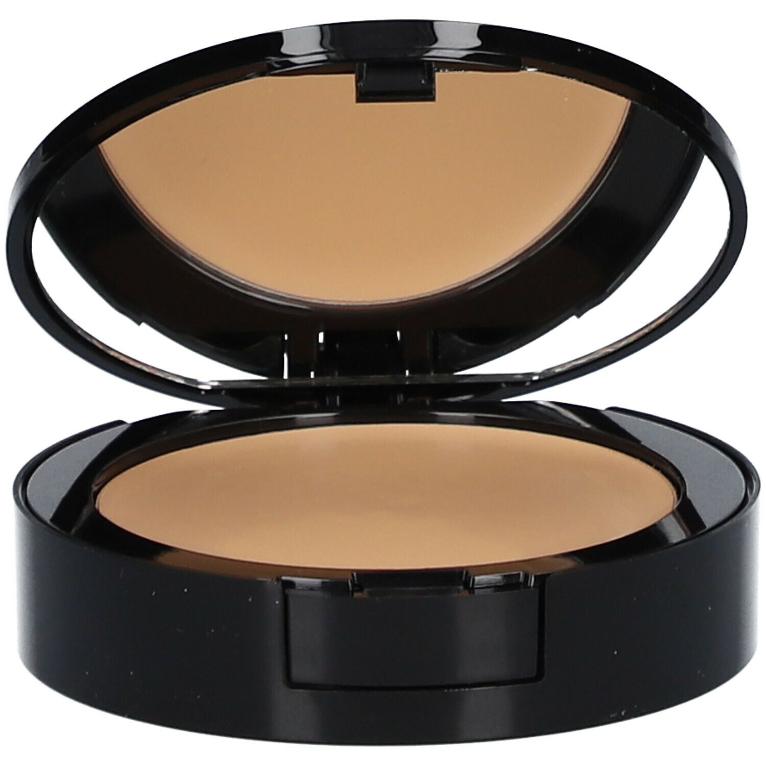 Kompakt-Make-up, geöffnet, mit Spiegel. Schwarzes Gehäuse, Puder in Hautton. Spiegel im Deckel.