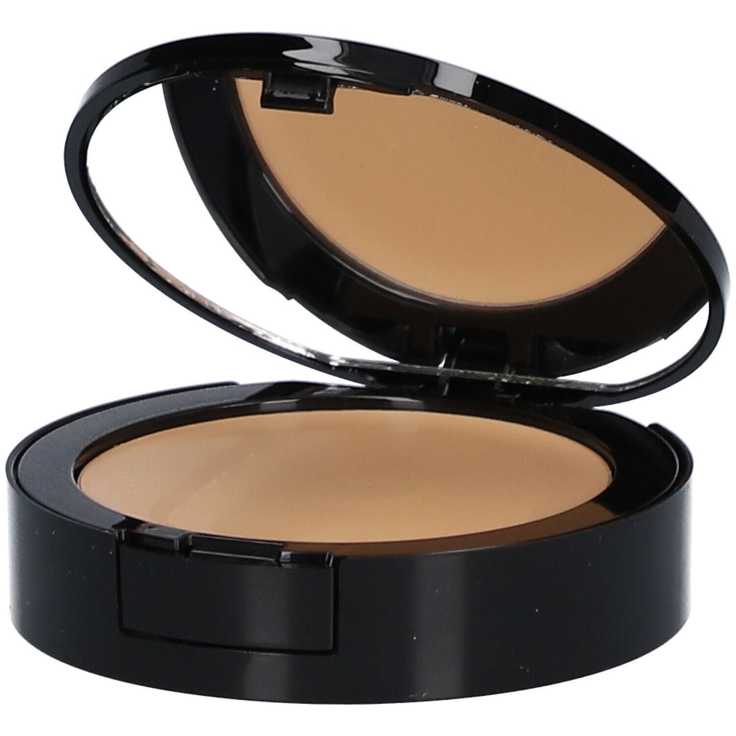 Kompakt-Make-up, geöffnet, mit Spiegel. Schwarzes Gehäuse, Puder in Hautton. Spiegel im Deckel.
