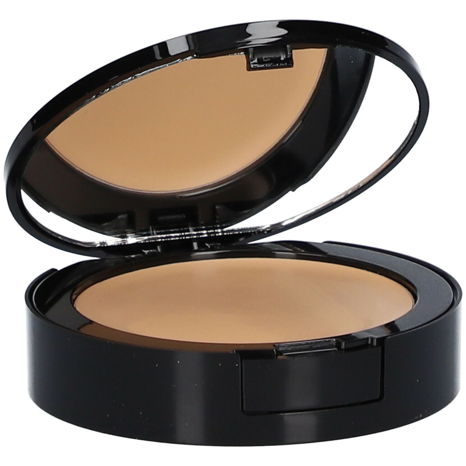 Kompakt-Make-up, geöffnet, mit Spiegel. Schwarzes Gehäuse, Puder in Hautton. Spiegel im Deckel.