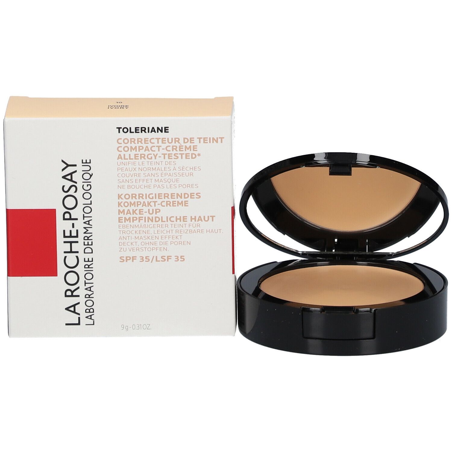 Kompakt-Make-up und Verpackung. Schwarzes Make-up-Gehäuse, Puder sichtbar. Verpackung daneben.