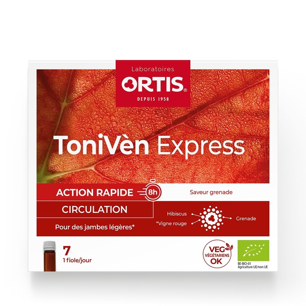 Boîte Ortis ToniVen Express de 7 flacons, saveur grenade, pour la circulation.