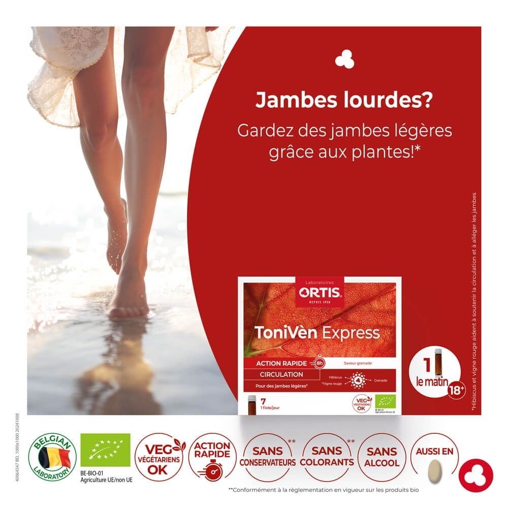 Boîte Ortis ToniVen Express de 7 flacons, saveur grenade, pour la circulation.