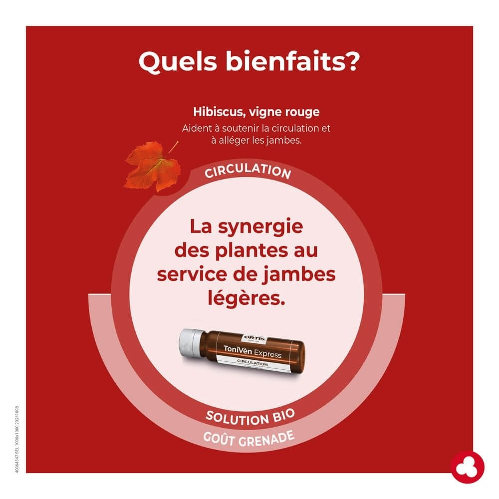 Boîte Ortis ToniVen Express de 7 flacons, saveur grenade, pour la circulation.