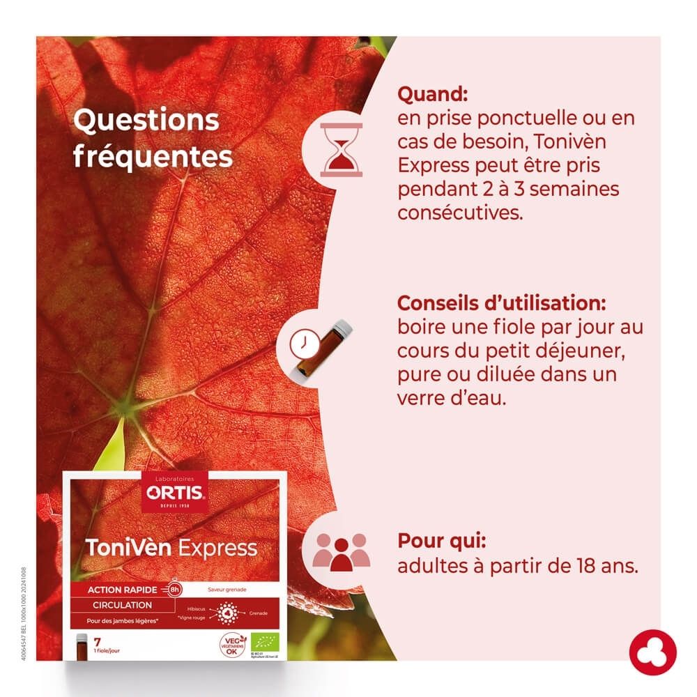 Boîte Ortis ToniVen Express de 7 flacons, saveur grenade, pour la circulation.