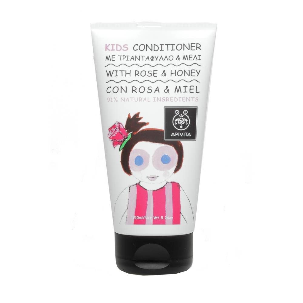 Tube blanc avec bouchon noir. Inscription : Après-shampooing enfants à la rose et au miel. Illustration d'une fille avec une rose. Logo Apivita.