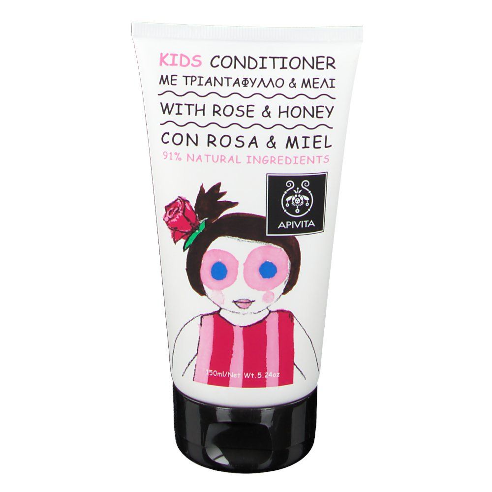 Tube blanc avec bouchon noir. Inscription : Après-shampooing enfants à la rose et au miel. Illustration d'une fille avec une rose. Logo Apivita.